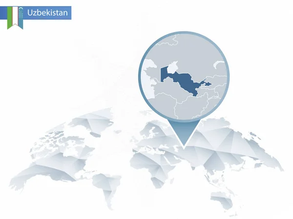 Абстрактная округлая карта мира с приколотой детальной картой Узбекистана . — стоковый вектор