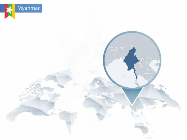 Carte du monde arrondie abstraite avec carte détaillée épinglée du Myanmar . — Image vectorielle