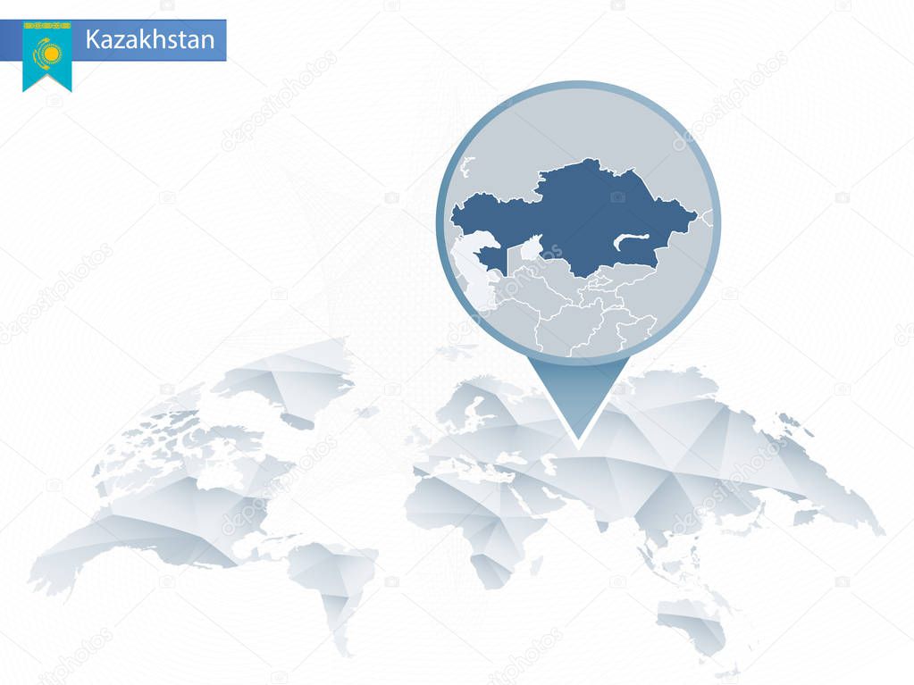 Abstract rounded World Map with pinned detailed Kazakhstan map.
