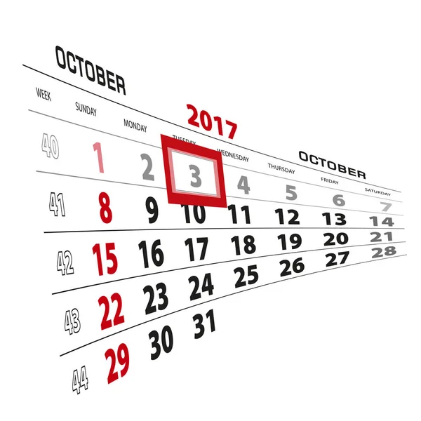 3 ottobre, evidenziato nel calendario 2017. Settimana a partire da Domenica — Vettoriale Stock
