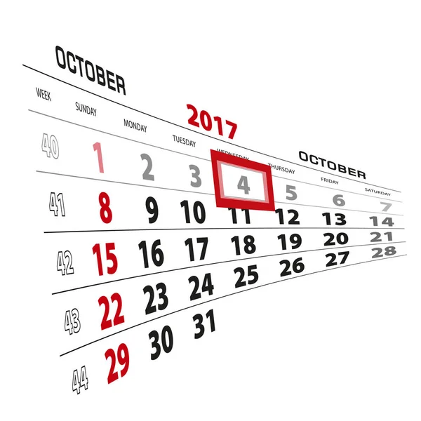 4 października, wyróżniony na 2017 roku kalendarzowego. Tydzień zaczyna się od niedzieli — Wektor stockowy