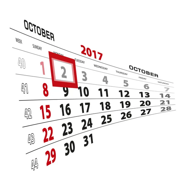 2 ottobre, evidenziato nel calendario 2017. Settimana a partire da Domenica — Vettoriale Stock