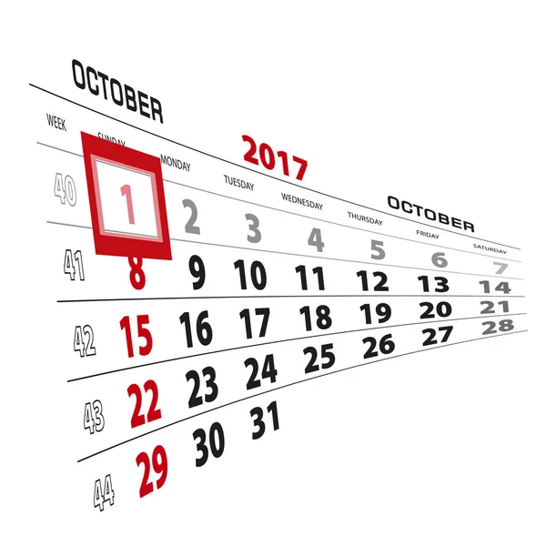 1 ottobre, evidenziato nel calendario 2017. Settimana a partire da Domenica — Vettoriale Stock