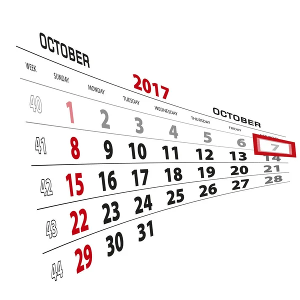 7 ottobre, evidenziato nel calendario 2017. Settimana a partire da Domenica — Vettoriale Stock