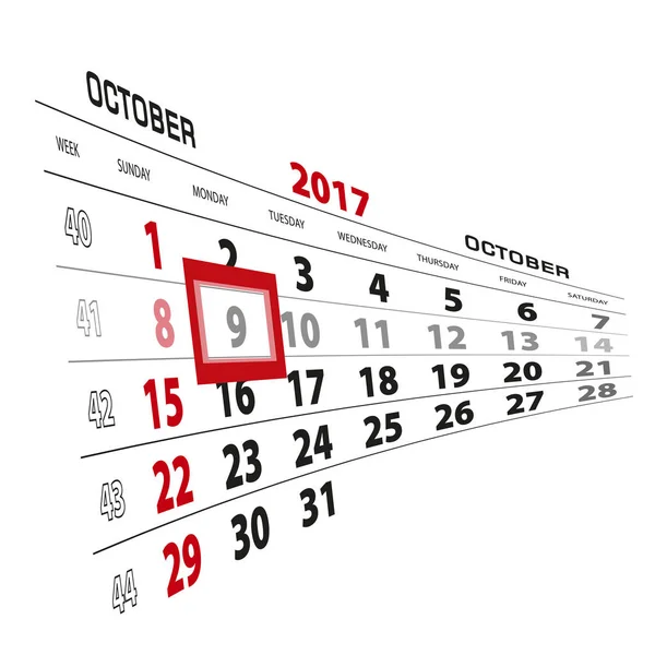 9 ottobre, evidenziato nel calendario 2017. Settimana a partire da Domenica — Vettoriale Stock