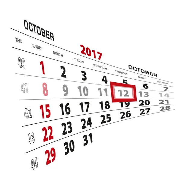 12 października, wyróżniony na 2017 roku kalendarzowego. Tydzień zaczyna się od niedzieli — Wektor stockowy