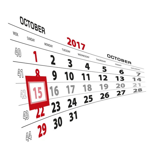 15 października, wyróżniony na 2017 roku kalendarzowego. Tydzień zaczyna się od niedzieli — Wektor stockowy