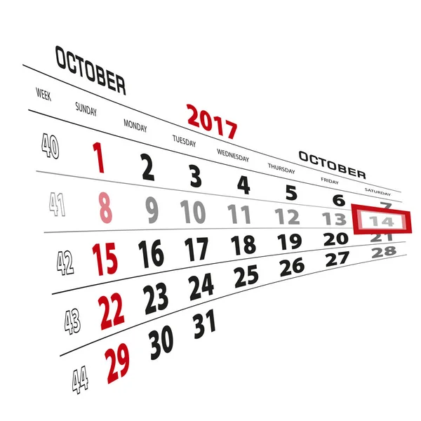 14 ottobre, evidenziato nel calendario 2017. Settimana a partire da Domenica — Vettoriale Stock