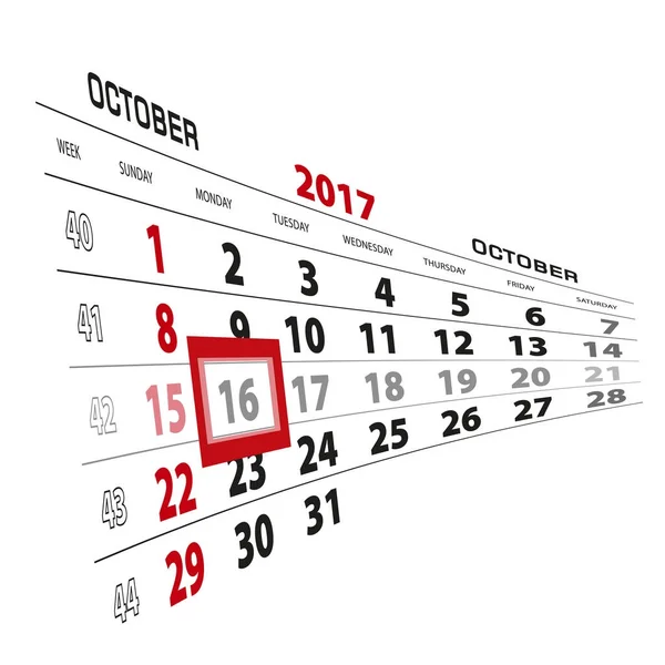 16 października, wyróżniony na 2017 roku kalendarzowego. Tydzień zaczyna się od niedzieli — Wektor stockowy