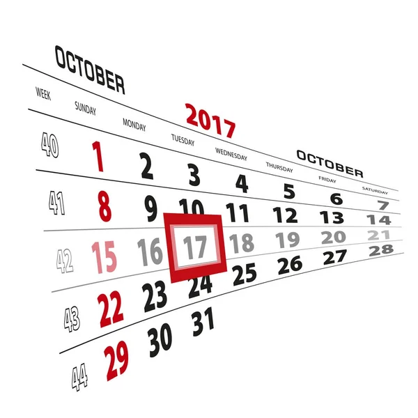 17 października, wyróżniony na 2017 roku kalendarzowego. Tydzień zaczyna się od niedzieli — Wektor stockowy
