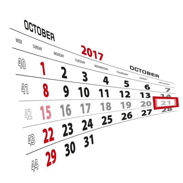 21 ottobre, evidenziato nel calendario 2017. Settimana a partire da Domenica — Vettoriale Stock