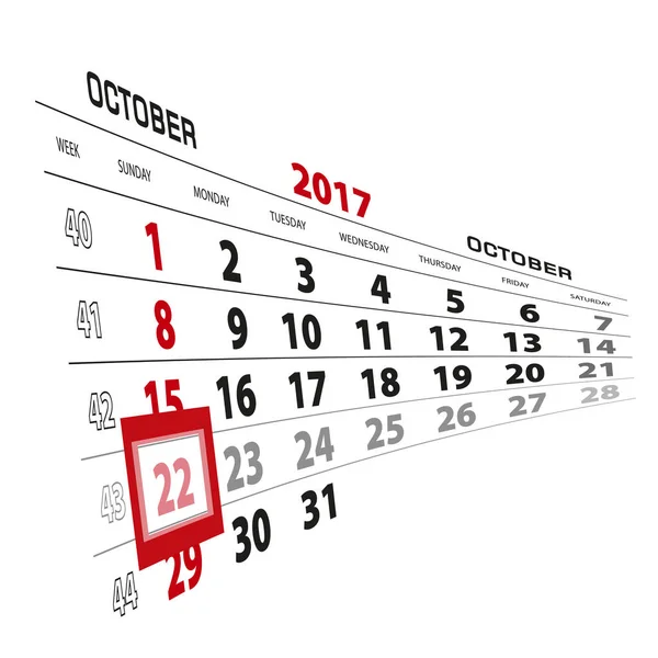 22 ottobre, evidenziato nel calendario 2017. Settimana a partire da Domenica — Vettoriale Stock