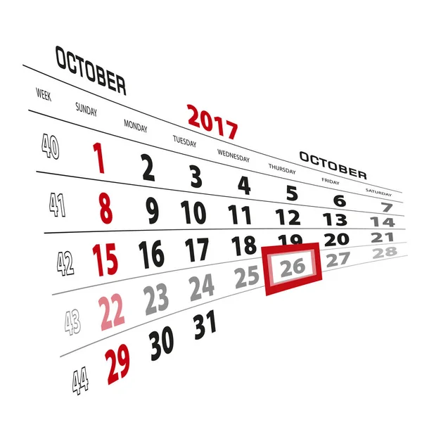 26 ottobre, evidenziato nel calendario 2017. Settimana a partire da Domenica — Vettoriale Stock