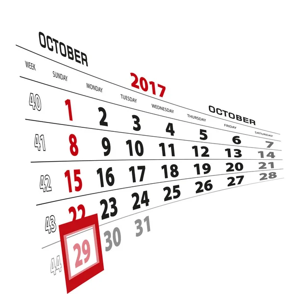 29 ottobre, evidenziato nel calendario 2017. Settimana a partire da Domenica — Vettoriale Stock