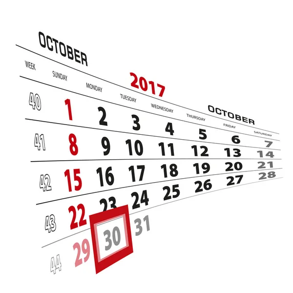 October 30, highlighted on 2017 calendar. Week starts from Sunday — Stock Vector
