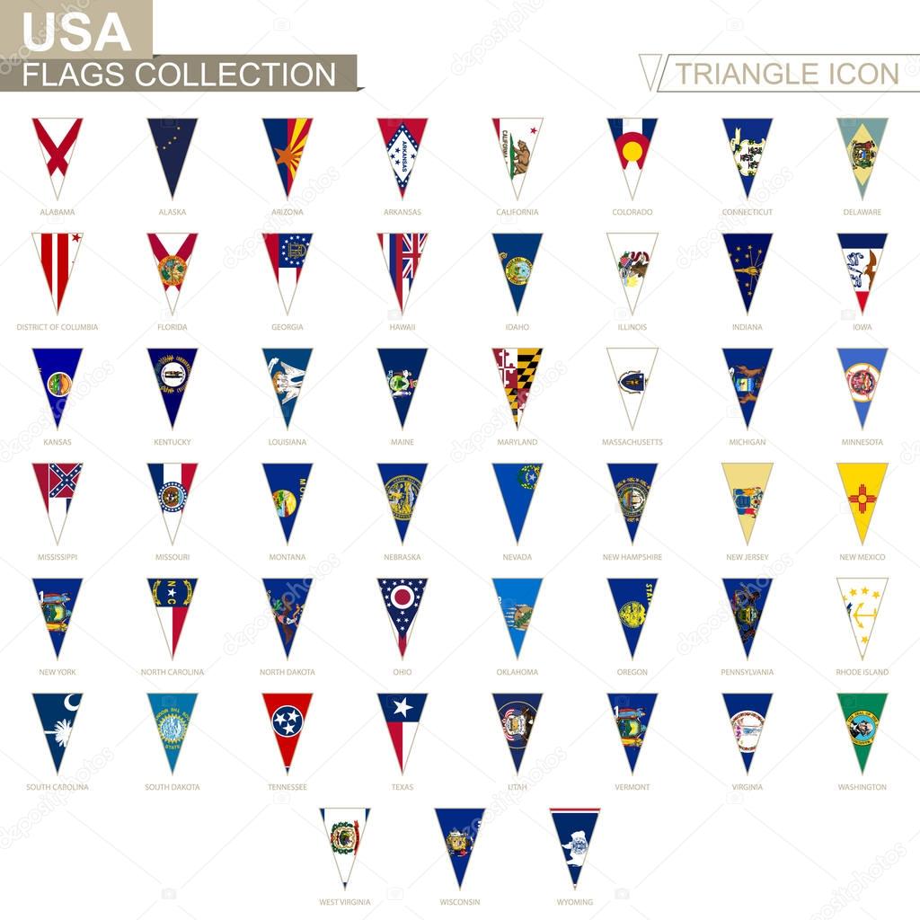 Flags of USA states, all State flags. Triangle icon.