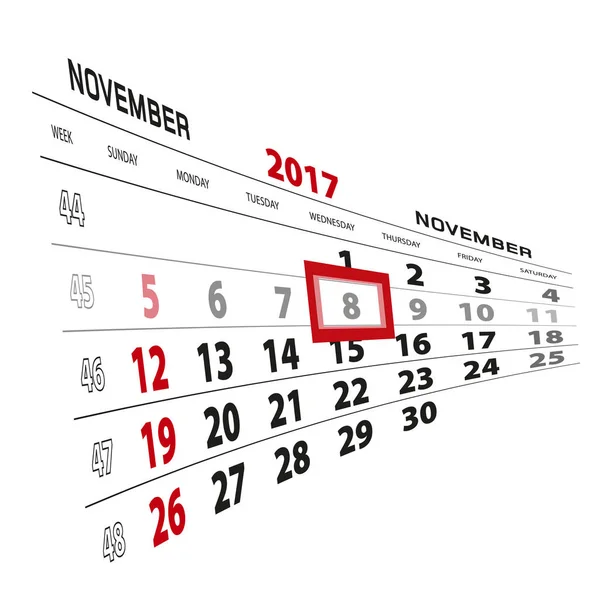 8 novembre, mis en évidence sur le calendrier 2017. Semaine commence à partir de dimanche — Image vectorielle