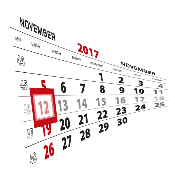 12 novembre, mis en évidence sur le calendrier 2017. Semaine commence à partir de dimanche — Image vectorielle