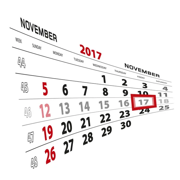 17 novembre, mis en évidence sur le calendrier 2017. Semaine commence à partir de dimanche — Image vectorielle