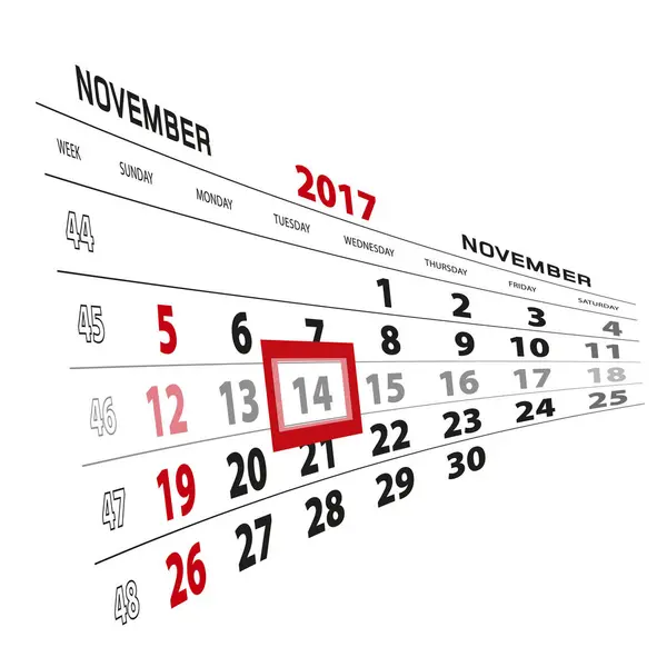 14 novembre, mis en évidence sur le calendrier 2017. Semaine commence à partir de dimanche — Image vectorielle