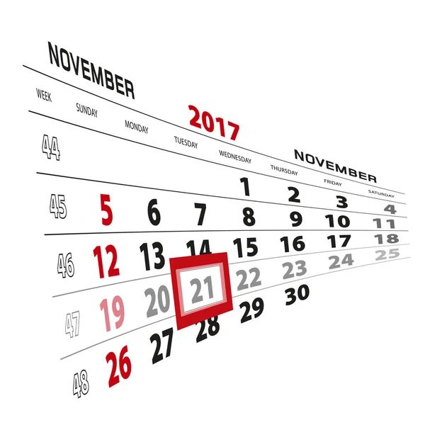 November 21, highlighted on 2017 calendar. Week starts from Sunday — Stock Vector