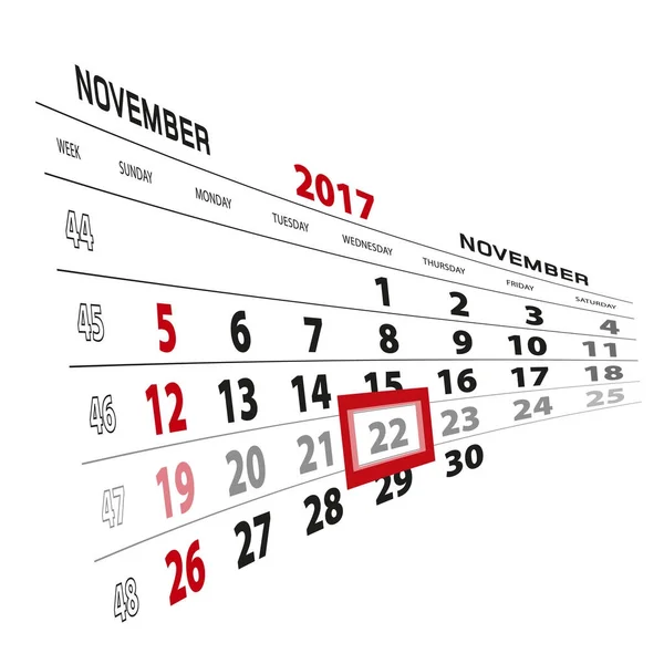 Der 22. November steht im Kalender 2017. Woche beginnt am Sonntag — Stockvektor