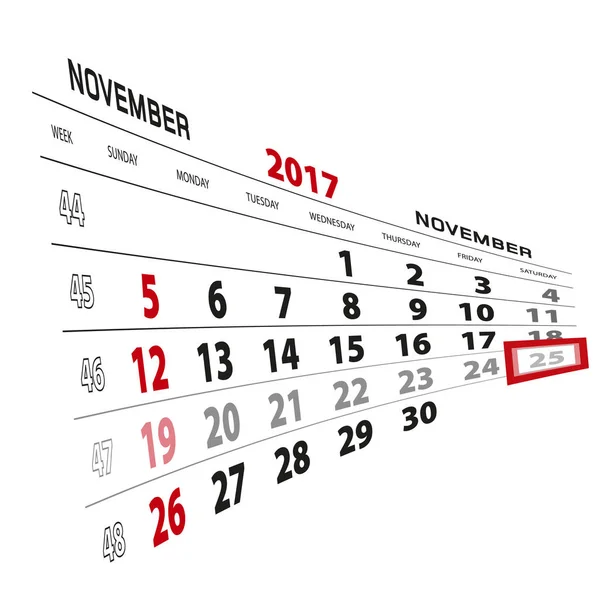 25 novembre, mis en évidence sur le calendrier 2017. Semaine commence à partir de dimanche — Image vectorielle
