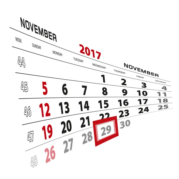 29 novembre, mis en évidence sur le calendrier 2017. Semaine commence à partir de dimanche — Image vectorielle