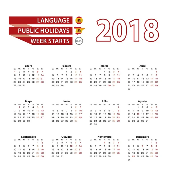 Calendar 2018 in Spanish language with public holidays the country of Spain in year 2018. — Stock Vector