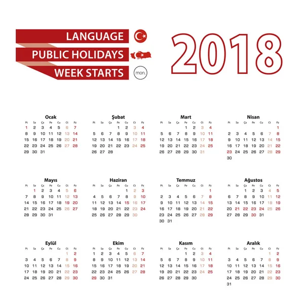 Calendario 2018 en idioma turco con días festivos el país de Turquía en el año 2018 . — Vector de stock