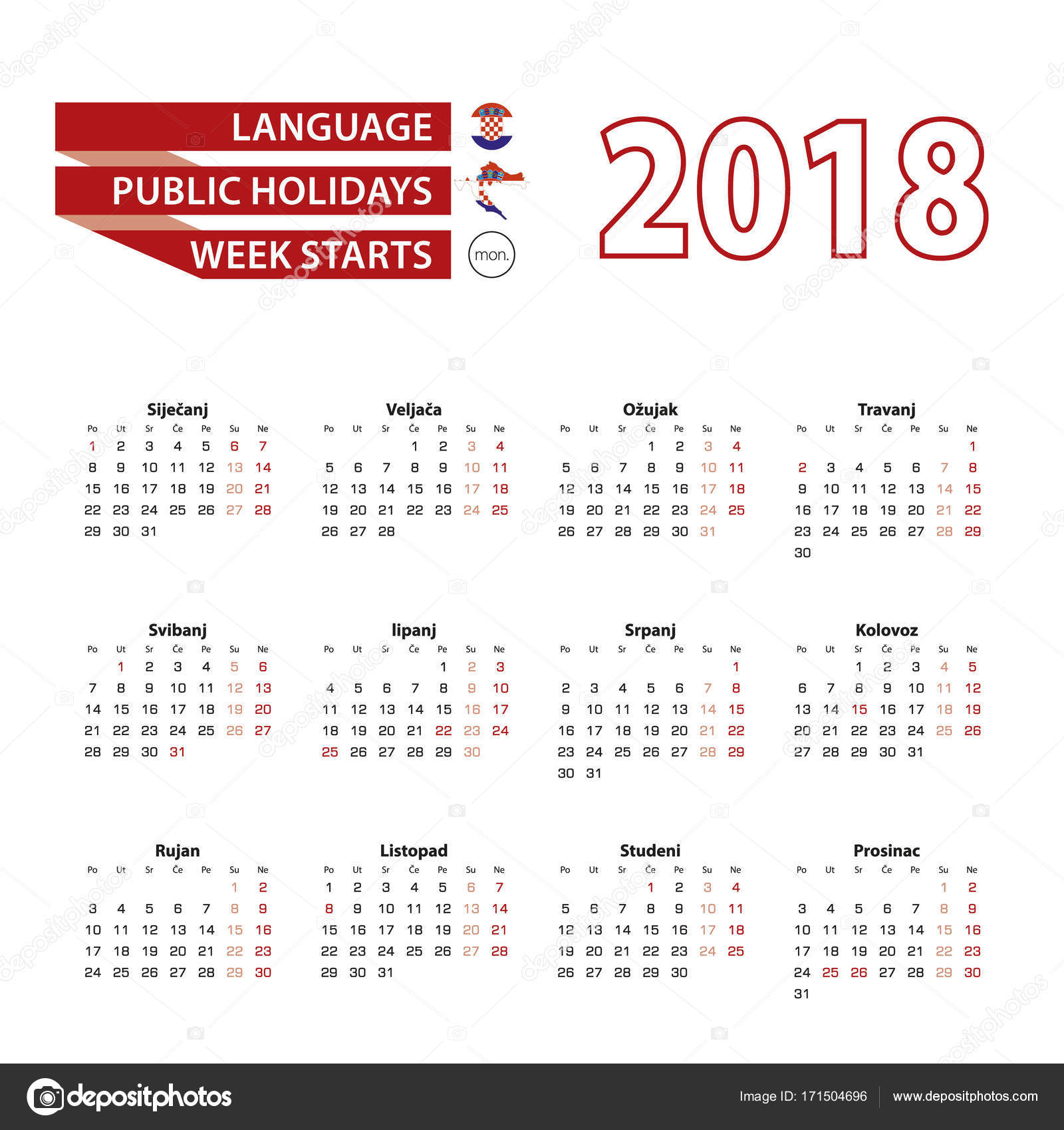 Calendar 2018 in Croatian language with public holidays the country of