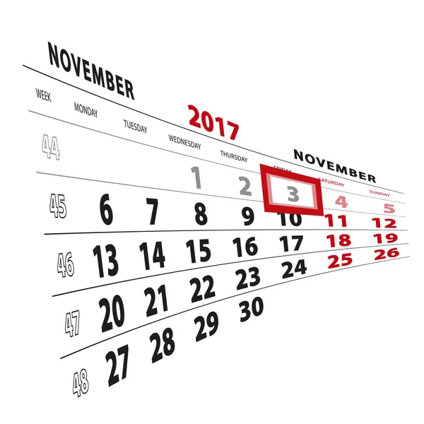 3 November highlighted on calendar 2017. Week starts from Monday — Stock Vector