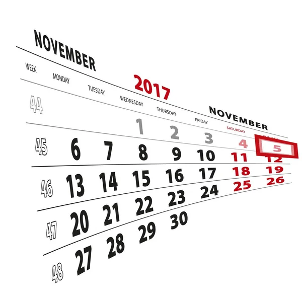 5 novembre mis en évidence sur le calendrier 2017. La semaine commence à partir de lundi — Image vectorielle