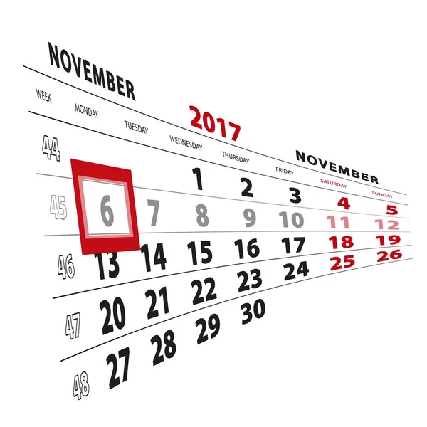 6 novembre mis en évidence sur le calendrier 2017. La semaine commence à partir de lundi — Image vectorielle