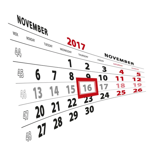 16 novembre mis en évidence sur le calendrier 2017. La semaine commence à partir de lundi — Image vectorielle