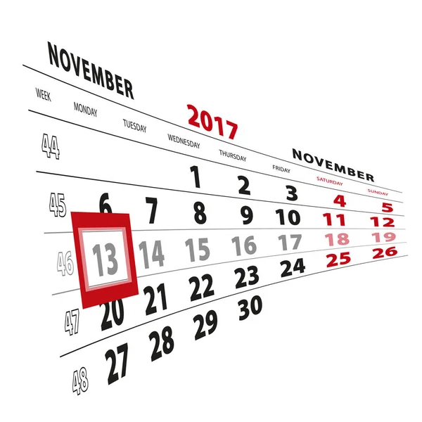 13 novembre mis en évidence sur le calendrier 2017. La semaine commence à partir de lundi — Image vectorielle