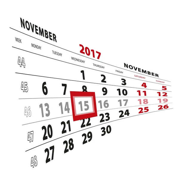 15 novembre mis en évidence sur le calendrier 2017. La semaine commence à partir de lundi — Image vectorielle