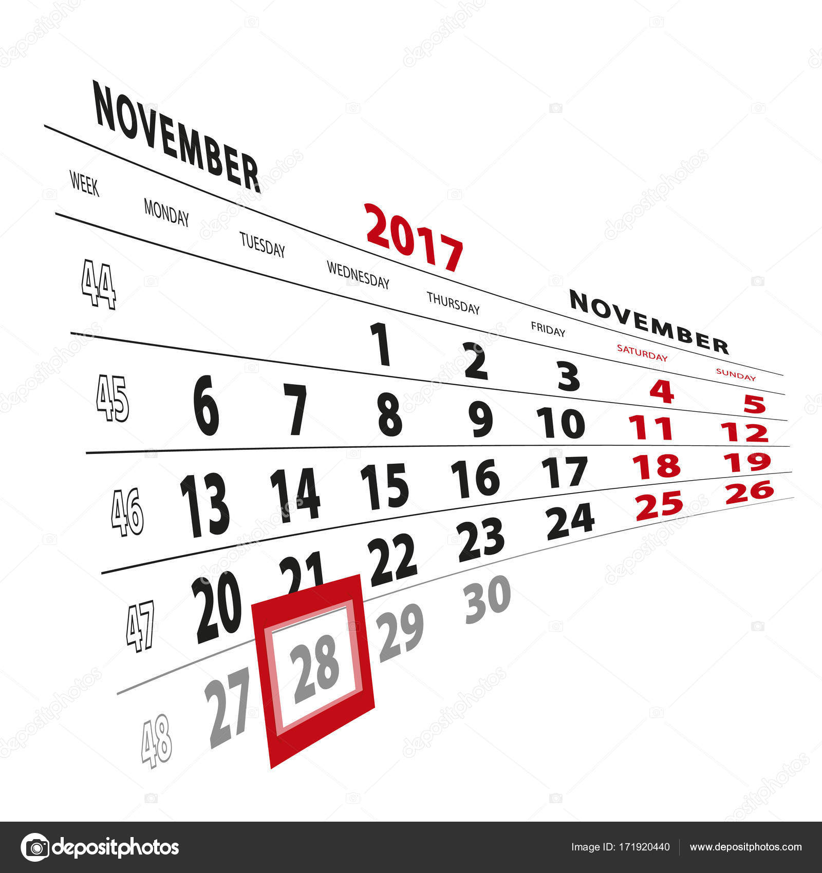11 月 28 日カレンダー 17 で強調表示されます 週は月曜日から開始します ストックベクター C Boldg