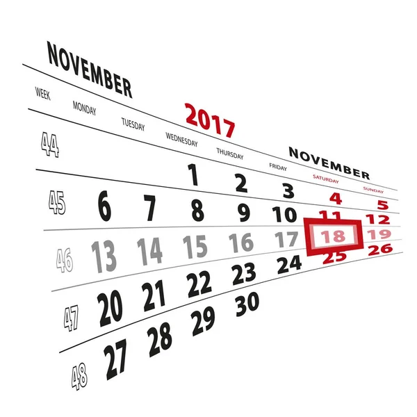 18 novembre mis en évidence sur le calendrier 2017. La semaine commence à partir de lundi — Image vectorielle