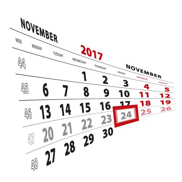 24 novembre mis en évidence sur le calendrier 2017. La semaine commence à partir de lundi — Image vectorielle