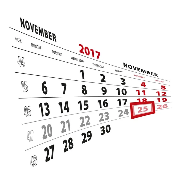 25 novembre mis en évidence sur le calendrier 2017. La semaine commence à partir de lundi — Image vectorielle