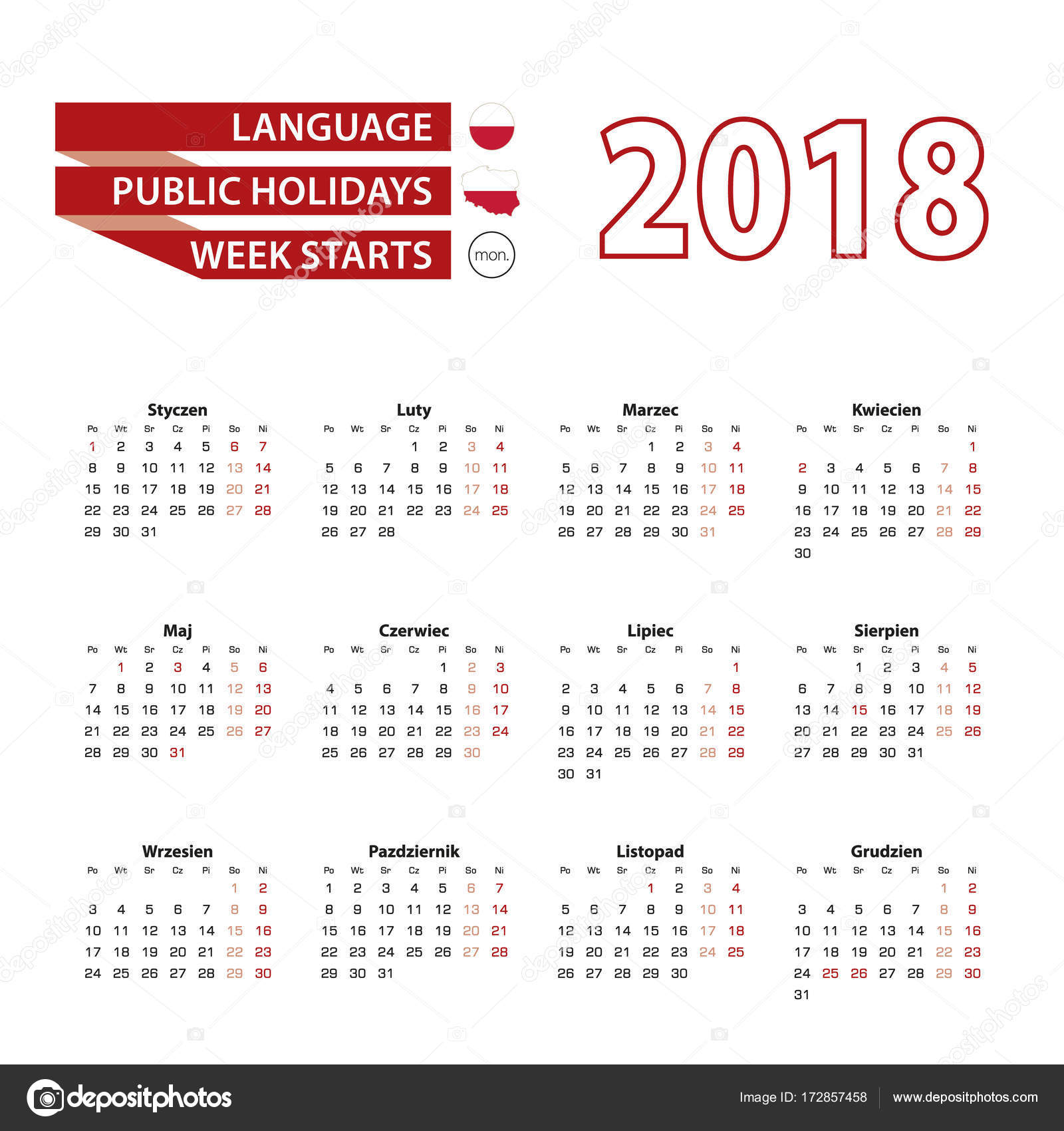 国民とポーランド語の言語でカレンダー 2018年 2018 年にポーランドの国を休日します ストックベクター C Boldg 172857458
