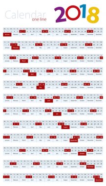 2018 yıl için bir satır takvim.