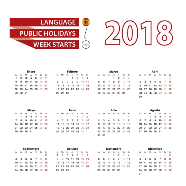 Calendar 2018 in Spanish language with public holidays the country of Chile in year 2018. — Stock Vector