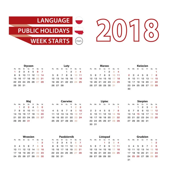 Calendario 2018 en idioma polaco con días festivos el país de Polonia en el año 2018 . — Vector de stock