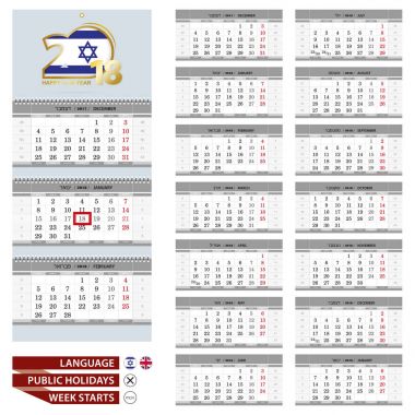 Duvar takvimi planlayıcısı şablonunu 2018 yıl için. İbranice ve Türkçe