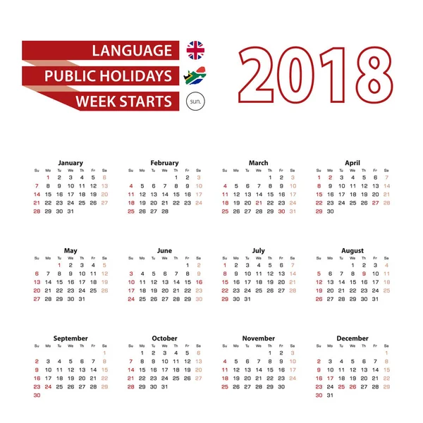 Calendario 2018 en idioma inglés con días festivos el país de Sudáfrica en el año 2018 . — Vector de stock