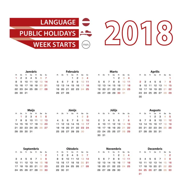 Calendario 2018 en lengua letona con días festivos el país de Letonia en el año 2018 . — Vector de stock