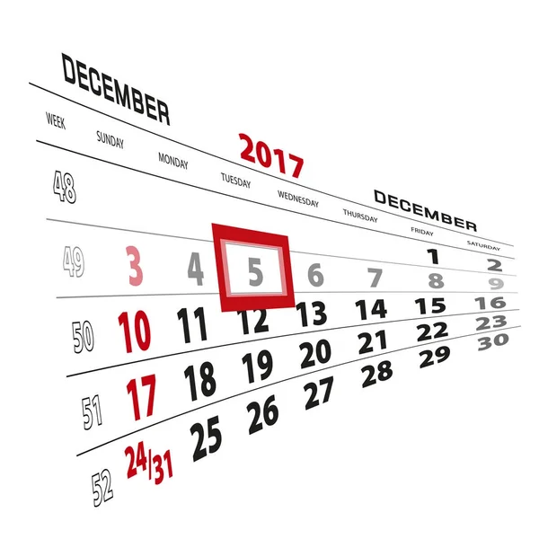 12月5日, 在2017日历上突出显示。周从星期日开始 — 图库矢量图片