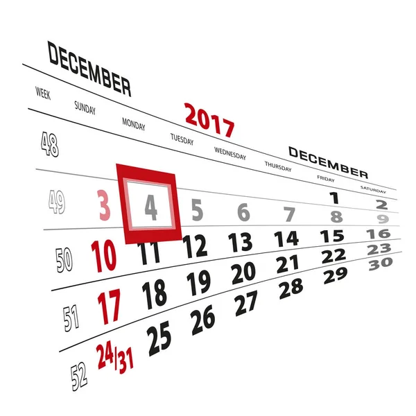4 dicembre, evidenziato nel calendario 2017. Settimana a partire da Domenica — Vettoriale Stock